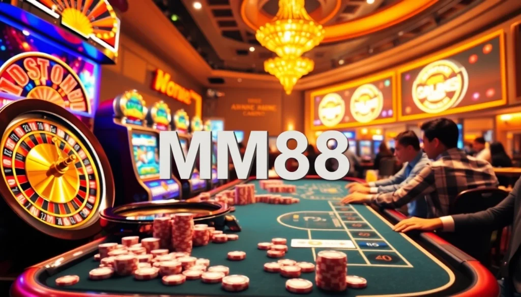 Experience the thrill of MM88 with vibrant online casino visuals featuring roulette and poker.