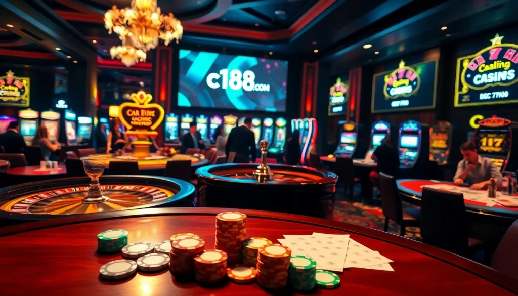 Engaging players enjoying thrilling games at c168.com casino with vibrant roulette wheel and poker chips.