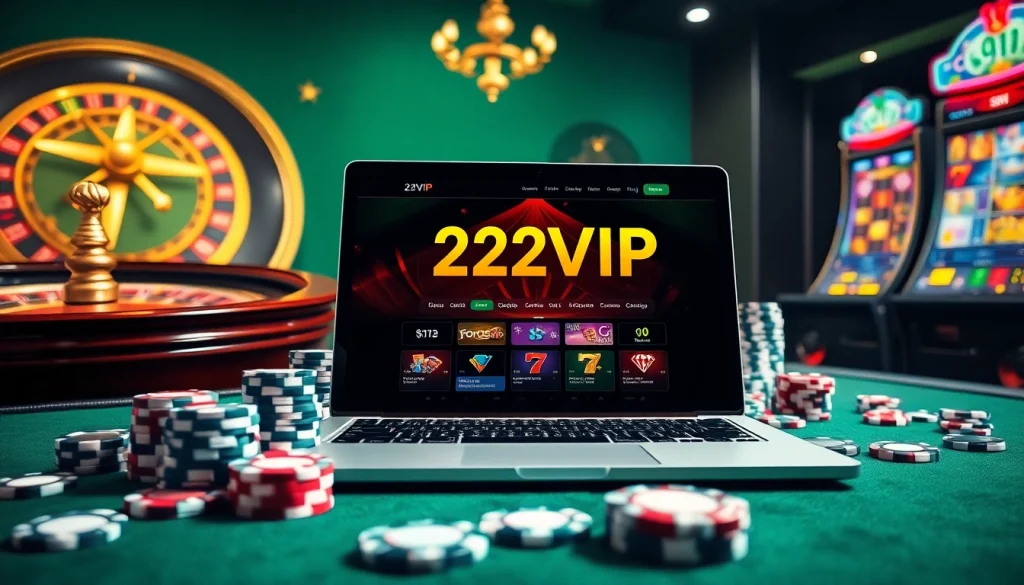 Experience thrilling gambling moments on 22VIP with vibrant casino visuals showcasing poker chips and roulette.