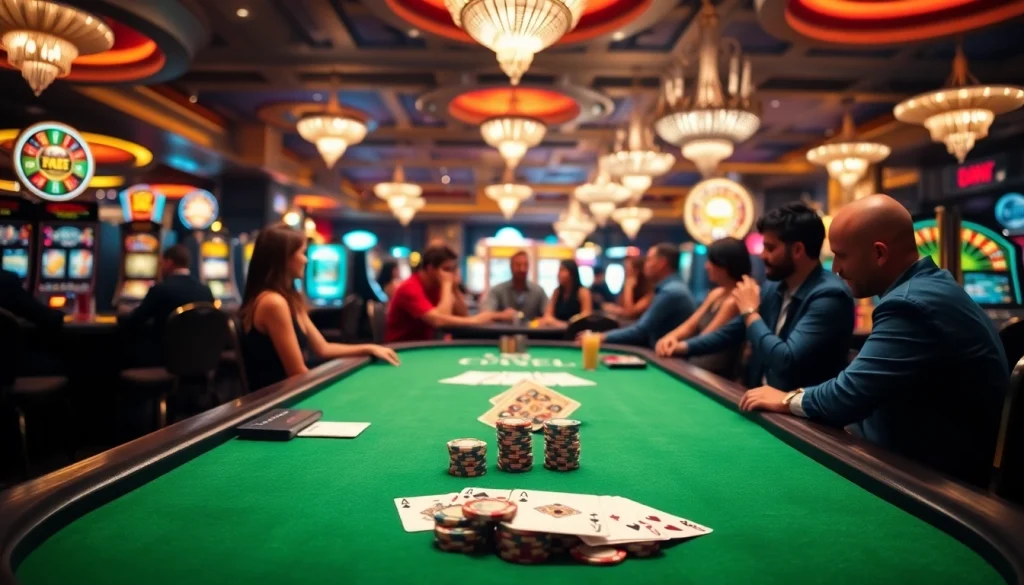 Engaging scene of gamblers playing poker at USBET, featuring vibrant chips and cards.