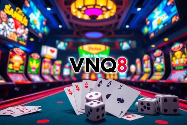 Engage with VNQ8's exciting online betting landscape showcasing gaming elements and vibrant visuals.