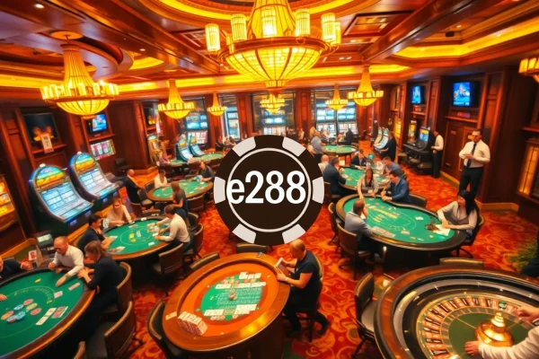 The e28 themed casino gaming experience featuring vibrant tables with players and colorful chips.