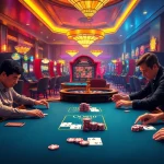 QQ888 poker table with intense players and vibrant casino atmosphere