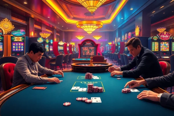 QQ888 poker table with intense players and vibrant casino atmosphere
