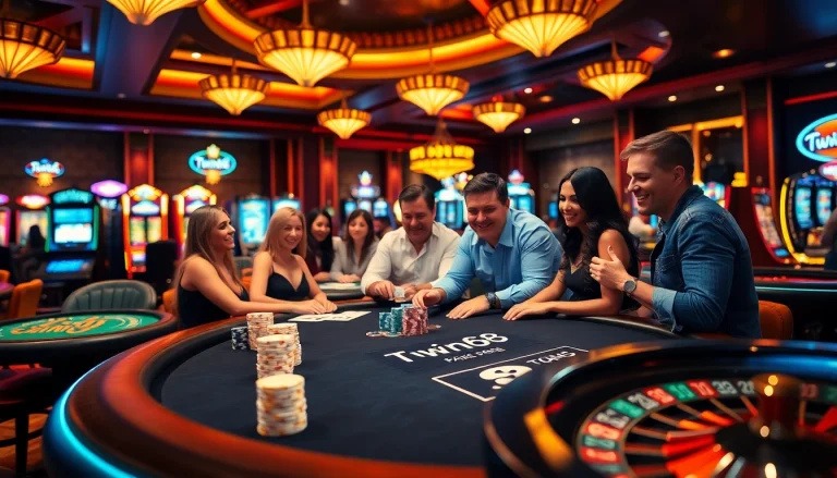 "Exciting Twin68 gameplay at a casino, featuring poker players and vibrant slot machines."