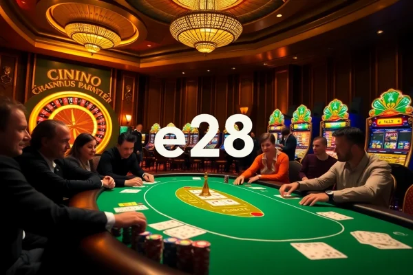 Players engaged in an intense poker game at e28 casino, with colorful chips and vibrant slot machines in view.
