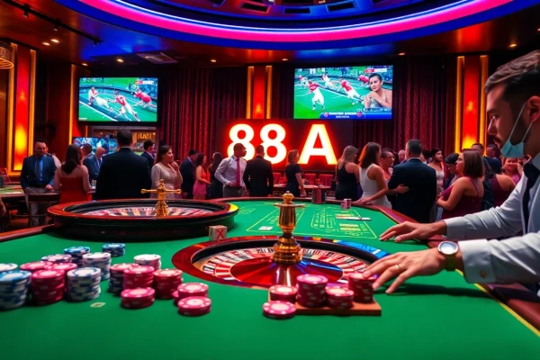 88AA casino scene showcasing poker chips, a roulette wheel, and vibrant players in a luxurious gambling environment.