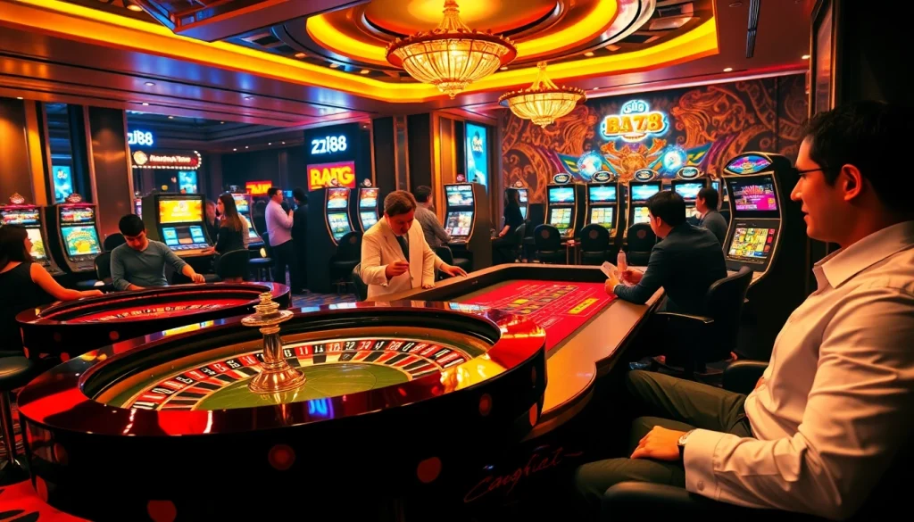 Excited players enjoying high-stakes gaming at BJ 88 casino, featuring roulette, dice, and vibrant slot machines.