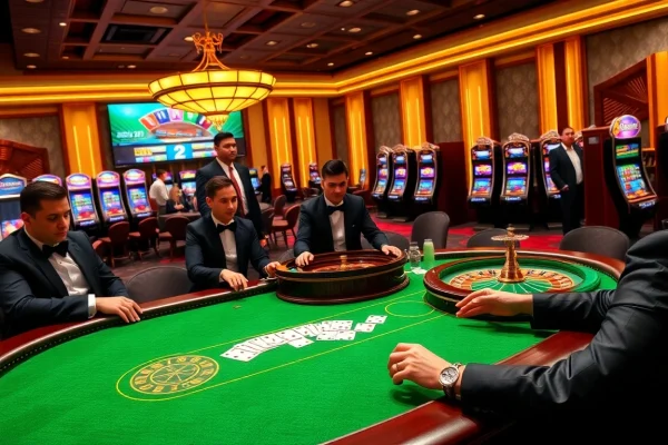 Experience thrilling gameplay with the TA88 app amidst a luxurious casino setting, featuring poker and roulette.