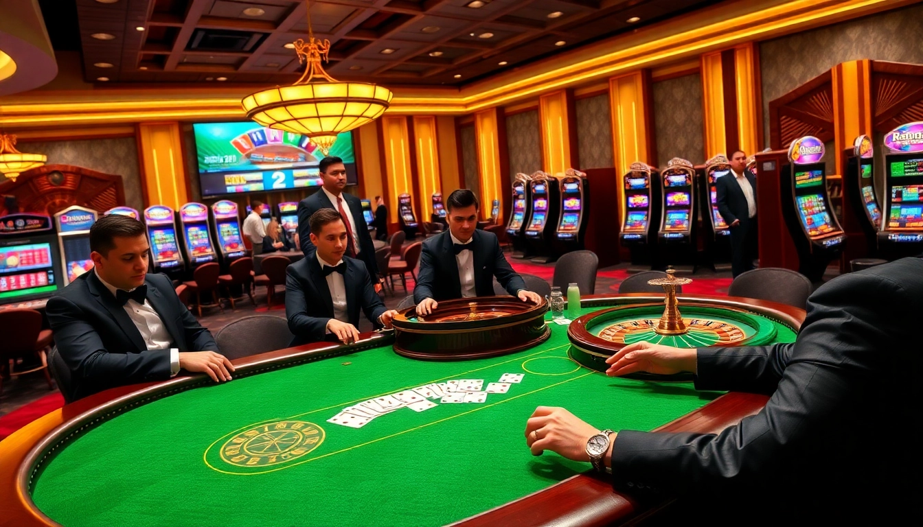 Experience thrilling gameplay with the TA88 app amidst a luxurious casino setting, featuring poker and roulette.
