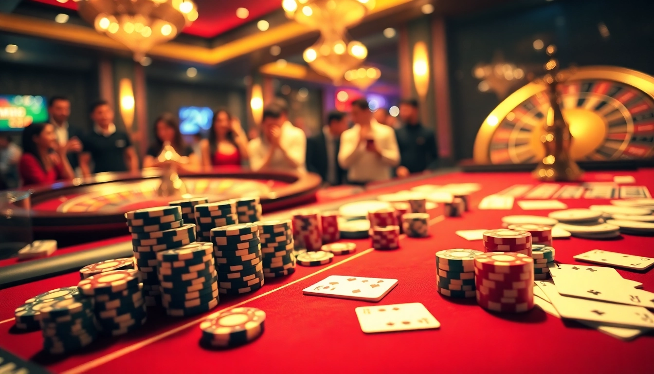 Exciting lively atmosphere of MM88 online gaming with poker chips and casino tables.