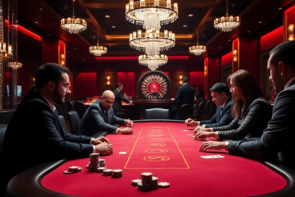 KJC professionals engaging in an intense poker game at a luxurious casino table.