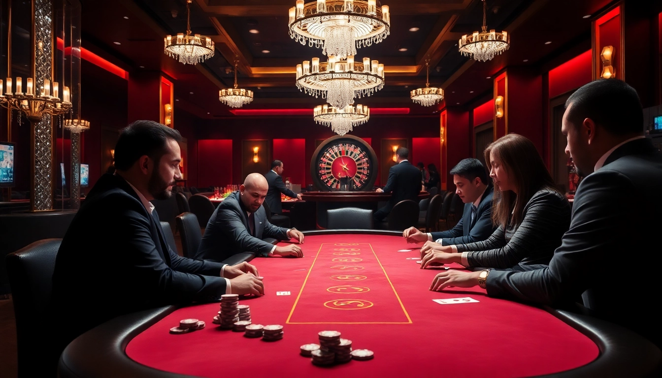 KJC professionals engaging in an intense poker game at a luxurious casino table.